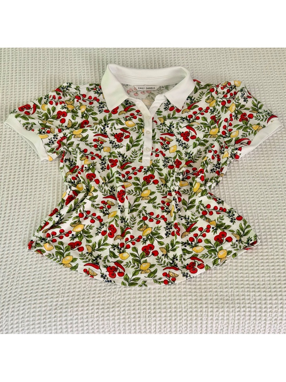 Emily Daniels Short Sleeve Polo Italian Food Tomato Lemon Olive Granny Chic Sz L